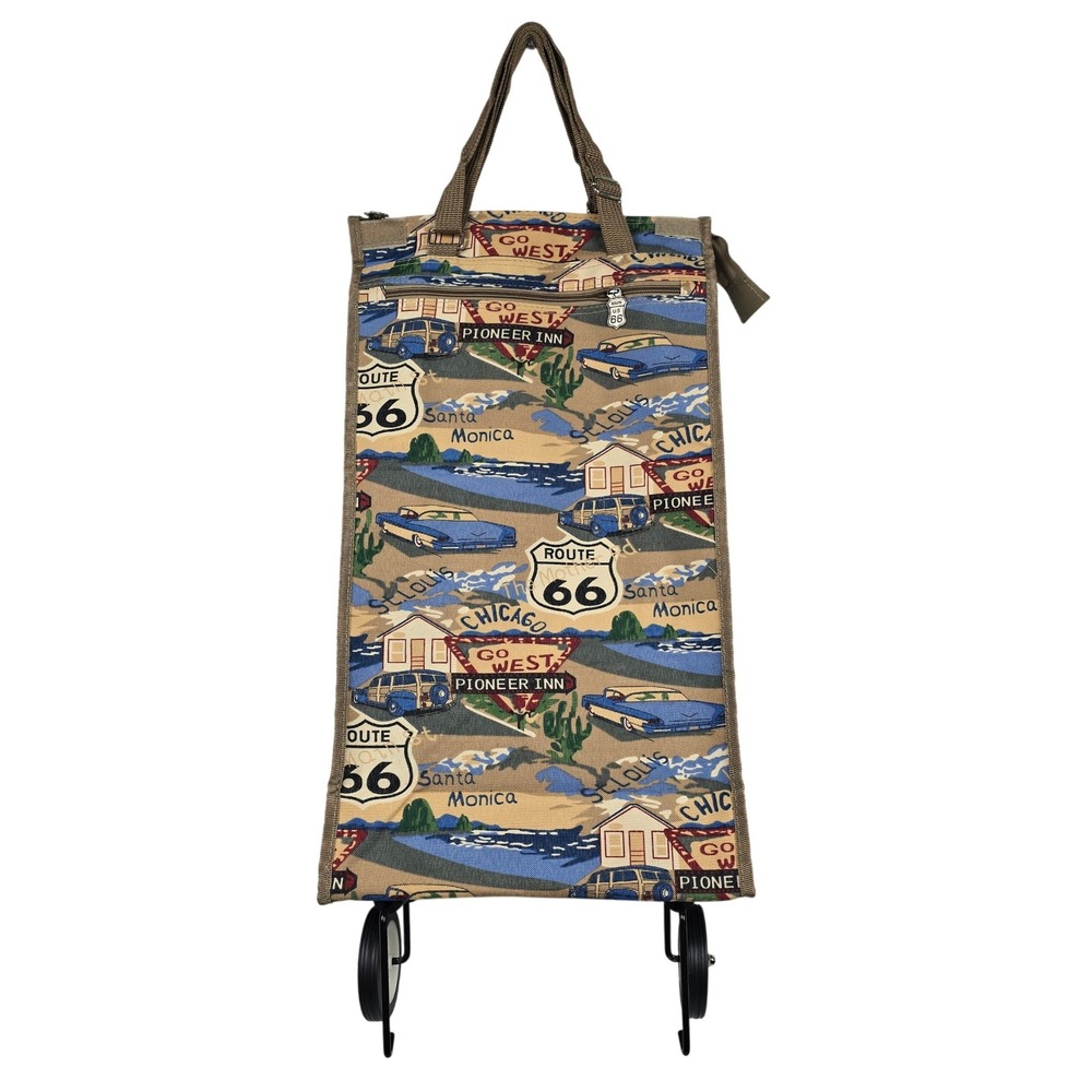 Route 66 Americana Rolling Shopping Cart Tapestry Tote Collapsible Vintage Style